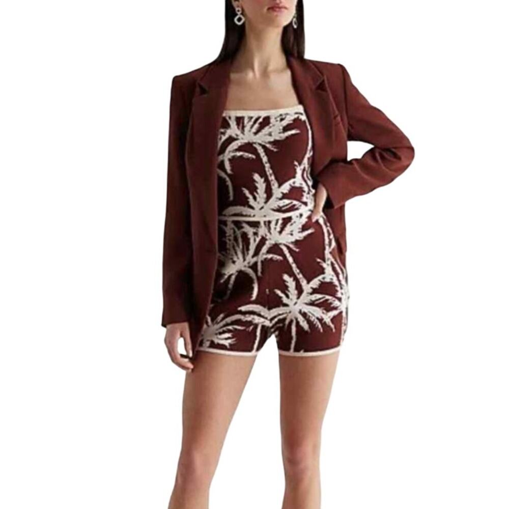 Express Sleeveless Knit Palm Tree Print Romper in Brown Tropical Women's S NWT